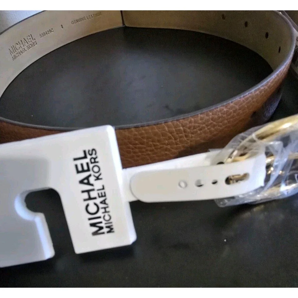 NWT Michael Kors Women’s Pebbled Leather Belt Brown Gold Buckle Size Small...